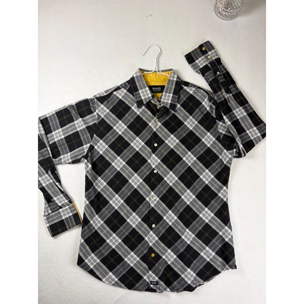 Nick(it) Men's Tailored Fit Button Down Shirt Large L Black White Yellow Plaid
